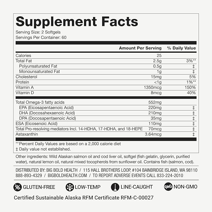 BIG BOLD HEALTH Omega-3 Rejuvenate Wild Alaskan Fish Oil Supplement with PRMs ⎹ EPA DHA &amp DPA Fatty Acids ⎹ Vitamins A and D to Support Immune Balance &amp Brain Wellness (120 Softgels)