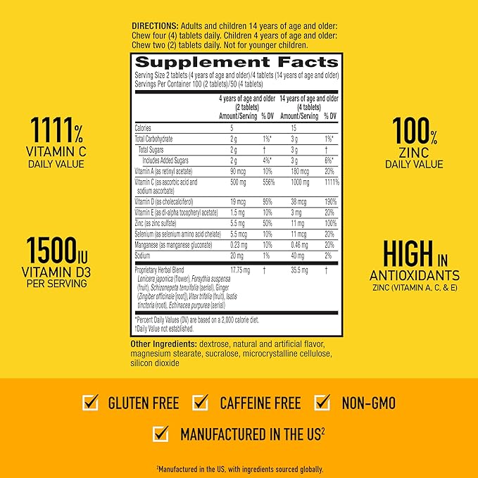Airborne Vitamin C 1000mg (per Serving) - Citrus Chewable Tablets (116 Count in a Bottle) Gluten-Free Immune Support Supplement with Vitamins A C E Zinc Selenium Echinacea Ginger Antioxidants