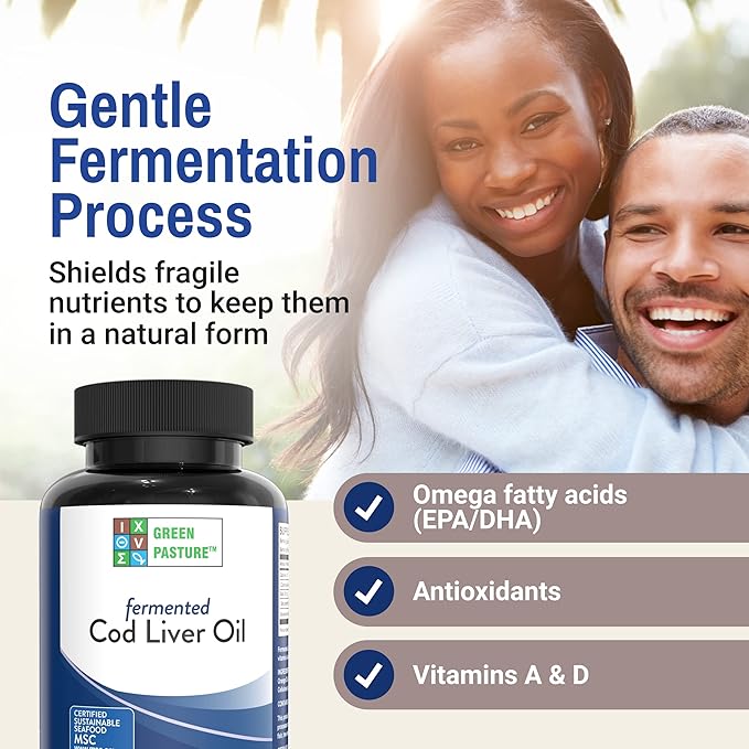 Green Pasture Fermented Cod Liver Oil - Orange Flavor Wild Alaska Cod Vitamins A &amp D Omega-3-6-9 MSC Certified 120 Capsules
