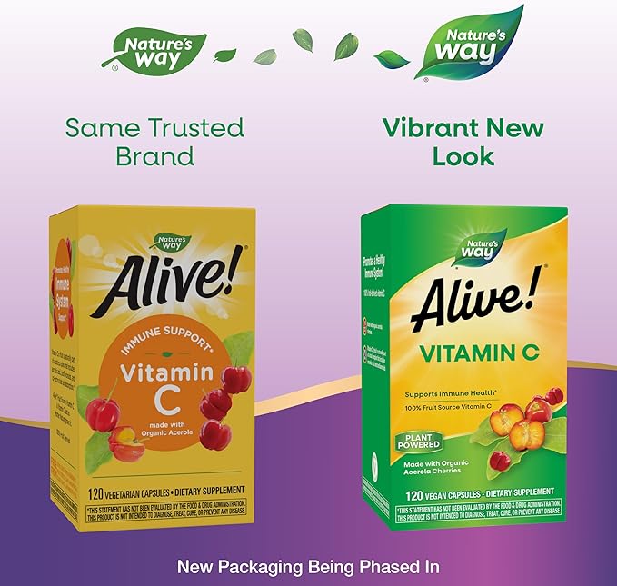Nature's Way Alive! Vitamin C Supplement Made with Organic Acerola Cherries Immune Support* Antioxidant Support* 100% Fruit Source Vitamin C 120 Capsules (Packaging May Vary)