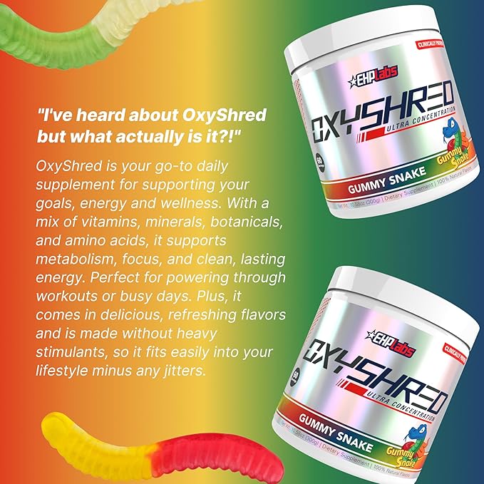 EHP Labs OxyShred Pre Workout Powder - Preworkout Powder with L Glutamine &amp Acetyl L Carnitine Energy Boost Drink - Gummy Snake 60 Servings