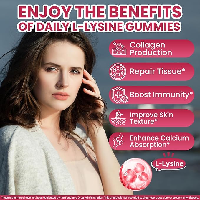 Liposomal L-Lysine Gummies 1200mg | High Absorption Immune &amp Skin Support | Vegan Amino Acid Supplement for Adults &amp Kids | Lips &amp Oral Bone &amp Collagen Health | Non-GMO Sugar-Free 6