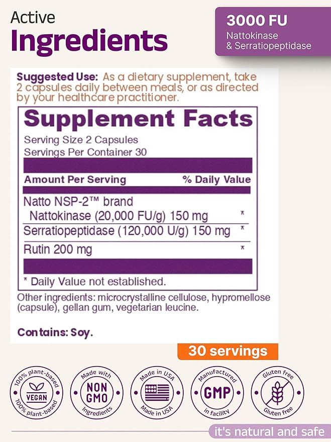 Nattokinase 3000 FU + Serratiopeptidase + Rutin – Cardiovascular &amp Circulatory Support – Natto NSP-2™ Non-GMO Soy – 60 Capsules – Healthy Blood Flow &amp Arterial Function – by Eternity Medicine