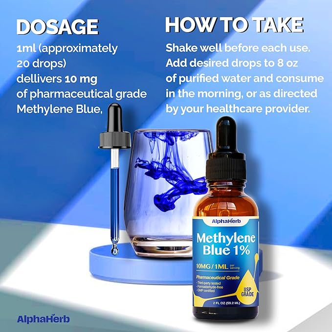 Methylene Blue Pharmaceutical Grade USP Grade Boost Energy Enhance Focus &amp Cognitive Support cGMP Certified Gluten-Free Methylene Blue 1% Drops 2 FL OZ (59.2 mL)