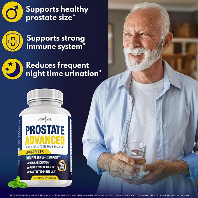 NEW AGE Prostate Advanced Prostate Supplement for Men – Reduce Bathroom Trips Promote Sleep Support Health &amp Bladder Emptying - Made with Lycopene Beta Sitosterol - 180 Count