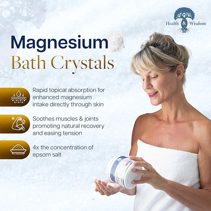 Health and Wisdom Magnesium Bath Crystals - Bath Salts with High Concentration &amp Enhanced Absorption for Muscle &amp Joint Relief - Dead Sea Sourced - Unscented - 14 lbs - Up to 113 Uses