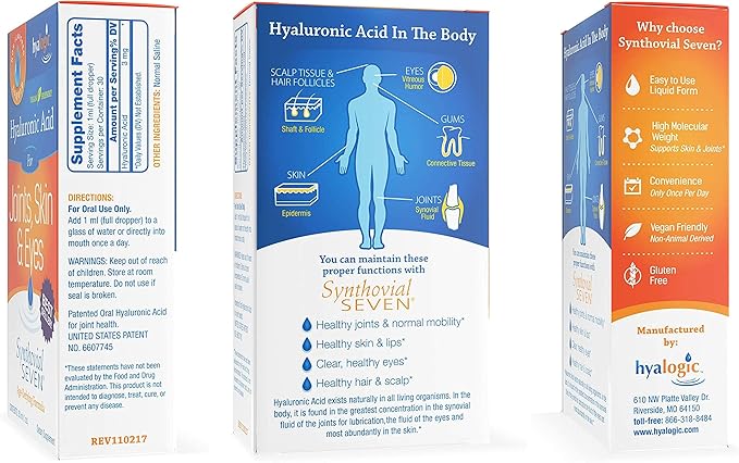 Hyalogic Liquid Synthovial Seven - Oral Hyaluronic Acid Supplement 1oz with Bonus Lip Balm HA Stick - Skin Body and Lip Hydration