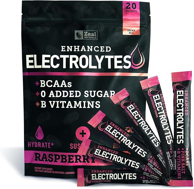 Enhanced Electrolyte Powder Stick Packs (Raspberry Guava | 20 Packets) w/ 0 Sugar +BCAAs +B-Vitamins Electrolyte Supplement w Potassium Zinc &amp Magnesium for Hydration - Keto Electrolytes
