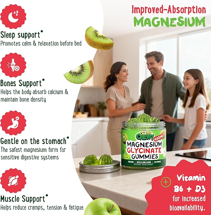 Center-Filled Magnesium Glycinate Gummies 400MG - High Absorption for Kids Teens &amp Adults - Supplement for Sleep Calm &amp Muscle Relaxation with B6 &amp D3 - Gluten Free &amp Vegan Friendly