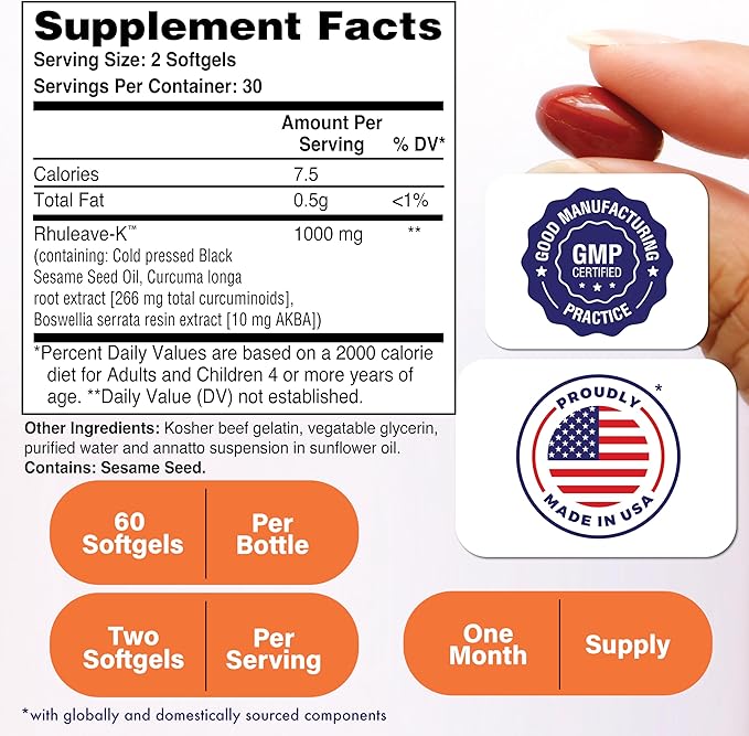 Health Thru Nutrition Acute Formula | Rhuleave-K 1000mg Curcumin Boswellia and Black Sesame Seed Oil | Joint and Muscle Fast Acting | Clinically Studied | Non-GMO (Pack of 60)