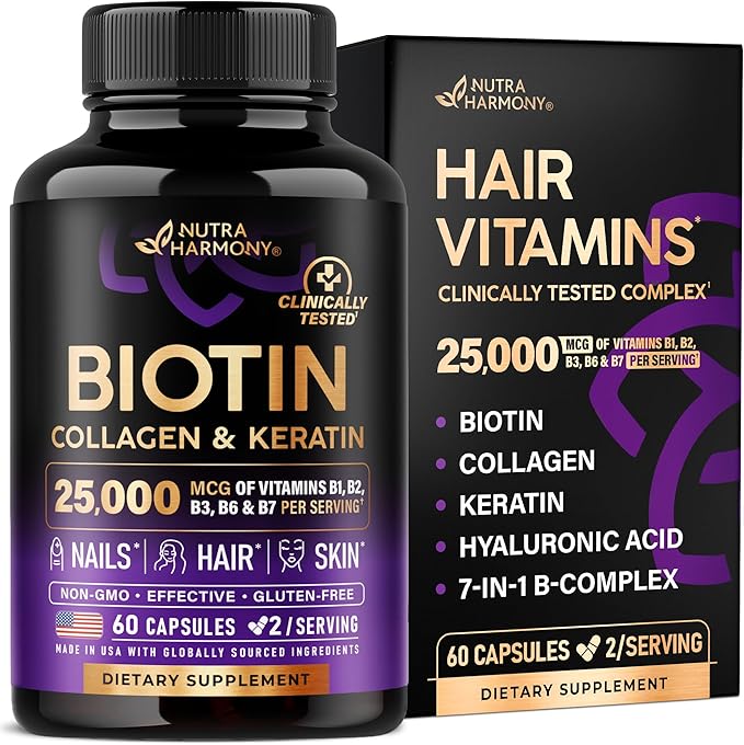 Biotin | Collagen | Hyaluronic Acid | Keratin - Support Normal Hair Growth Cycle Skin &amp Nails - Clinically Tested - 25000mcg Vitamins B1 B2 B3 B6 &amp B7 - for Women &amp Men - Made in USA |