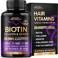 Biotin | Collagen | Hyaluronic Acid | Keratin - Support Normal Hair Growth Cycle Skin &amp Nails - Clinically Tested - 25000mcg Vitamins B1 B2 B3 B6 &amp B7 - for Women &amp Men - Made in USA |