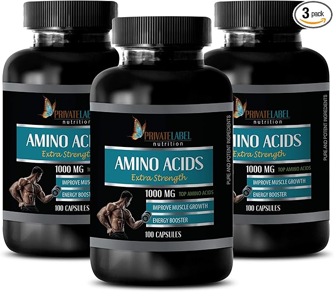 PRIVATE LABEL Muscle Builder Pills for Men - Amino ACIDS 1000 mg Complex - Extra Strength - l-lysine Bulk Supplements - 3 Bottles 300 Capsules