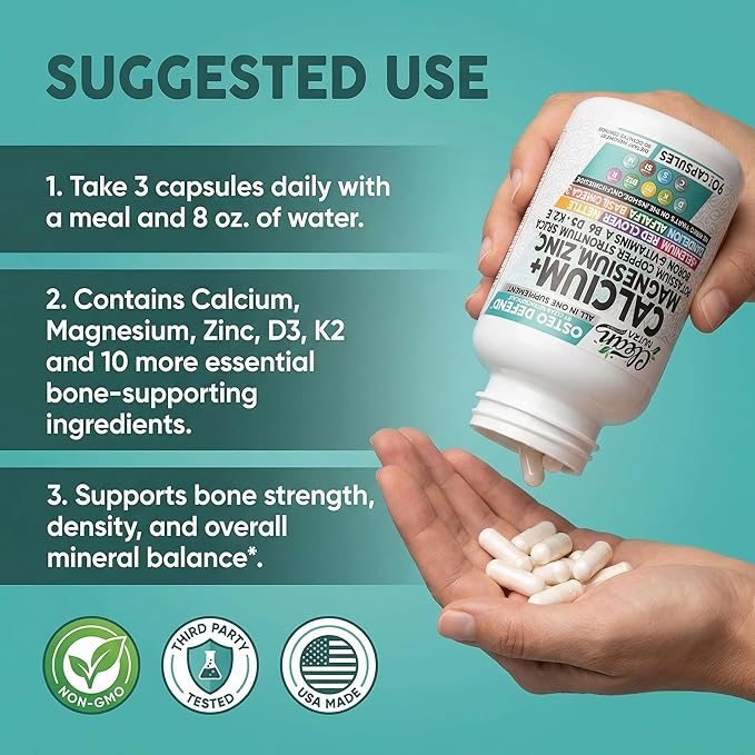Allin1 Calcium Magnesium Zinc Supplement with Potassium Copper Strontium Silica Vitamin D3 K2 Boron Vitamin B1 B12 Red Clover Herb Alfalfa Basil Pills for Men &amp Women Clean Nutra Osteo Defen