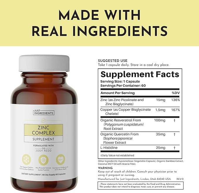Zinc Complex – Highly Absorbable Supplement with Picolinate &amp Bisglycinate Plus Quercetin Resveratrol L-Histidine &amp Copper – Supports Immune Function Skin Energy &amp Cellular Health