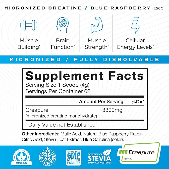 Muscle Feast Creapure - Micronized Creatine Monohydrate Powder | Premium Pre-Workout or Post-Workout | Creatine for Women &amp Men | Easy to Mix Gluten-Free Safe and Pure (Blue Raspberry 250g)