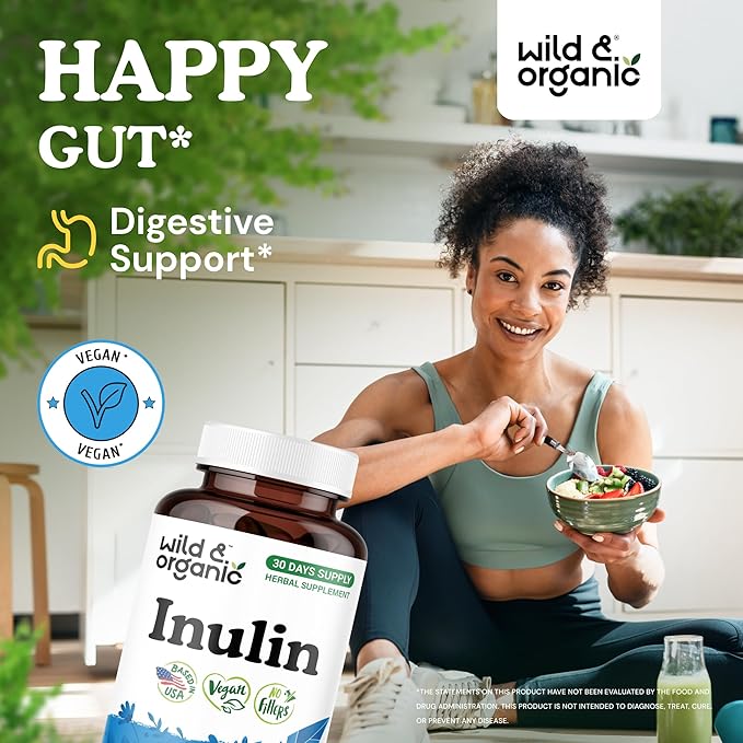 Wild &amp Organic Inulin Capsules 1400 mg - Digestive &amp Gut Support - Inulin Prebiotic Fiber Powder Supplement - Chicory Root Derived - Vegan No Fillers Non-GMO - 120 Count