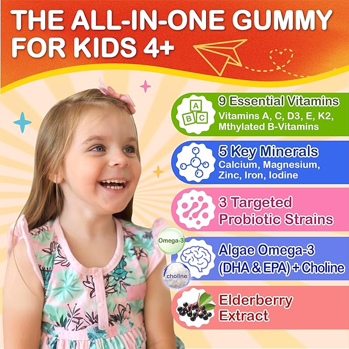Sugar Free Kids Multivitamin Gummies - Kids Vitamins with Iron Probiotics &amp Omega-3 for Healthy Growth - Plus Elderberry Vitamin C D3 &amp Zinc for Immunity - Ages 4-12 Natural Peach Flavor