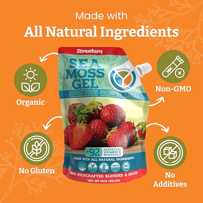 Yemayá Organic Sea Moss Gel Organic Raw | Wildcrafted Seamoss Gel Enhanced with Real Fruit Supports Immunity Energy Digestion Hair Skin &amp Nails | 16 oz Strawberry Flavor