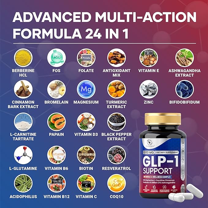24-in-1 GLP-1 Supplement 1000 mg with Berberine L-Carnitine Ashwagandha | Metabolism Support for Satiety &amp Craving Control | Probiotics 10 Billion CFU for Gut Health &amp Healthy Energy – 60 Ca