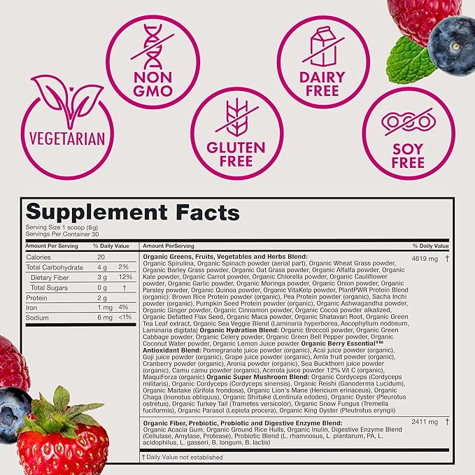 Zena Nutrition Organic Super Greens Powder 70+ Superfoods 0 Sugar 3G Fiber Spirulina Chlorella Antioxidants Prebiotics/Probiotics Digestive Enzymes Mixed Berry 30 Servings