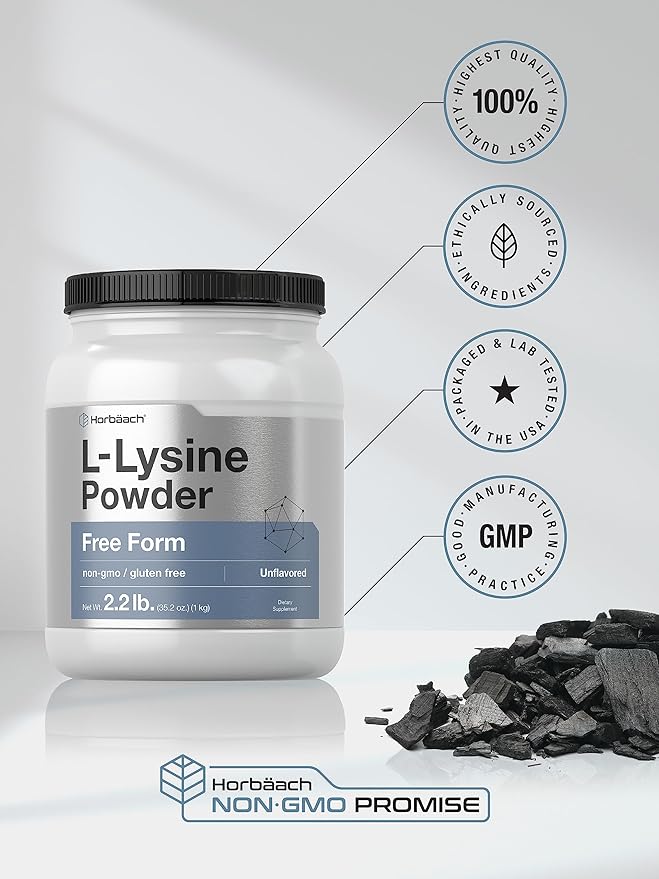 Horbäach L-Lysine Powder | 2.2 lbs | Unflavored Free Form Supplement | Vegetarian Non-GMO Gluten Free Formula