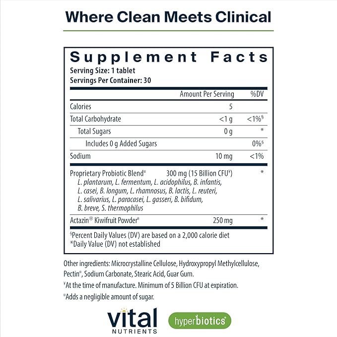 Hyperbiotics Vital Nutrients Pro-15 Advanced Probiotics for Women and Men | 15 Strains + Kiwifruit | Clinically Studied Daily Probiotics for Digestive Health Gas &amp Bloating | 30 Vegan Tablets
