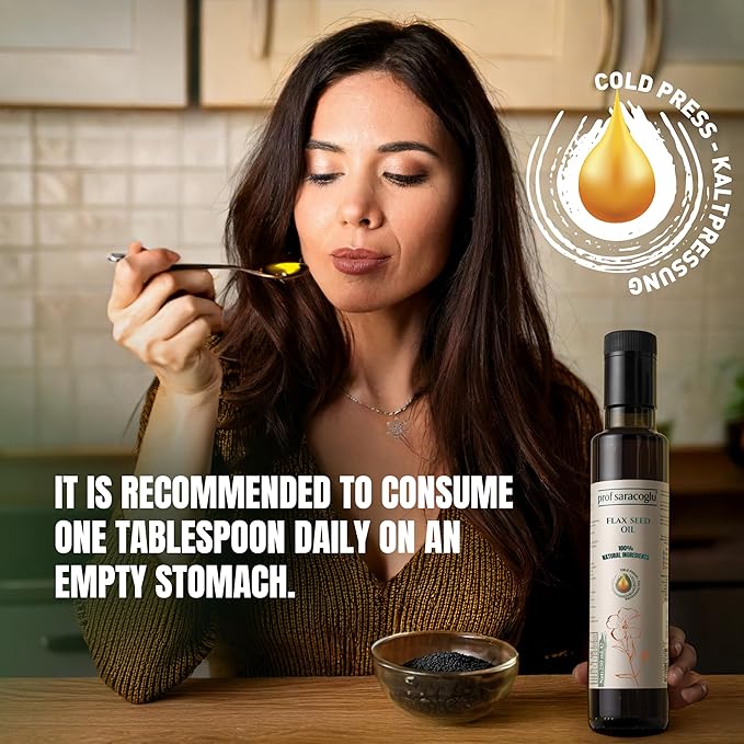Prof Saracoglu Flaxseed Oil – Cold Pressed Solvent-Free Flax Seed Oil in Glass Bottle | Plant-Based Omega 3 with Lignans | Vegan Non-GMO | Hair Skin &amp Wellness | 8.45 fl oz