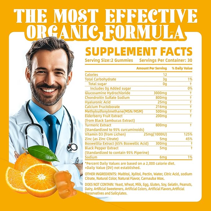 Glucosamine Chondroitin Gummies with MSM &amp Elderberry Extra Strength - Joint Support Antioxidant Immune Support Supplement for Adults Men &amp Women120 Orange Gummies