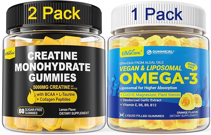 2 Pack Creatine Monohydrate Gummies + 1 Pack Vegan Algae Omega-3 1000mg Gummies