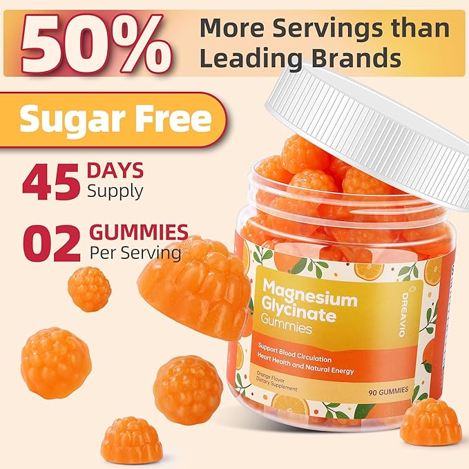 DREAVIO 90 Count Magnesium Glycinate Gummies w/Ashwagandha Supplement - Sugar Free Zinc Magnesium Glycinate Supplement Ashwagandha Gummies for Adults Orange Flavor