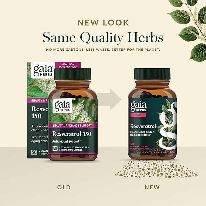 Gaia Herbs Resveratrol - Beauty &amp Radiance Antioxidant Support Supplement* - Made with Japanese Knotweed - Contains 150 mg Trans-Resveratrol per Serving - 50 Liquid Phyto-Capsules (25 Servings)