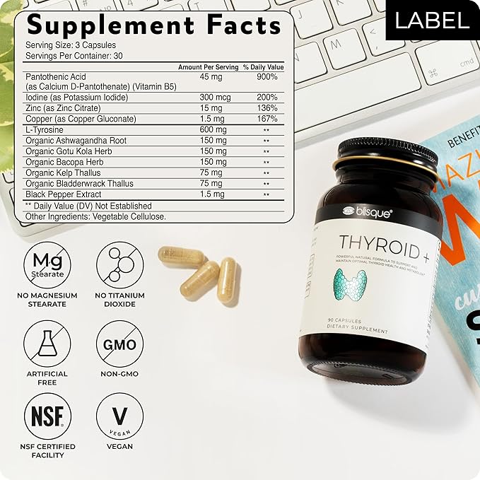 Blisque – Thyroid Support Supplement Complex for Metabolism Boost and Increased Energy Clarity and Focus | Doctor-Approved | with Iodine Ashwagandha Zinc L-Tyrosine | 90 Capsules
