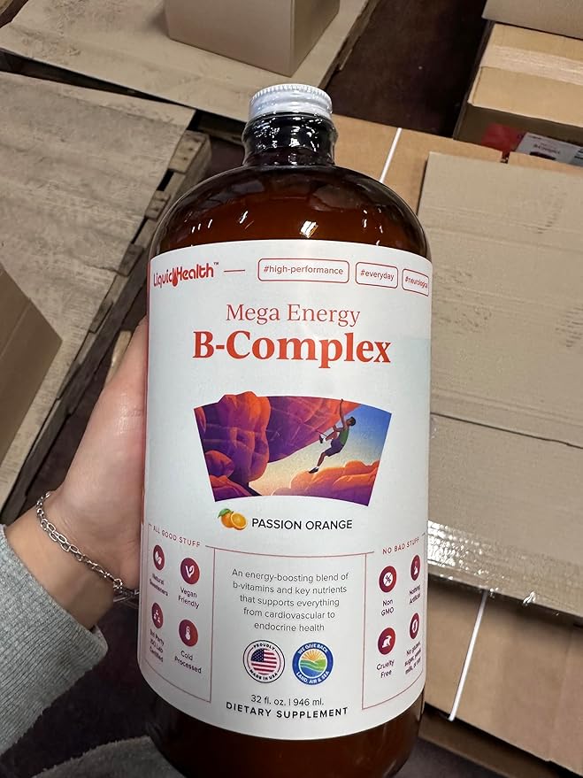 LIQUIDHEALTH Mega Energy Methylated B-Complex Adult Liquid Vitamin Supplement - Increase Energy Relieve Stress &amp Fatigue Immune Support Heart &amp Gut Health - Made in USA Vegan Sugar-Free