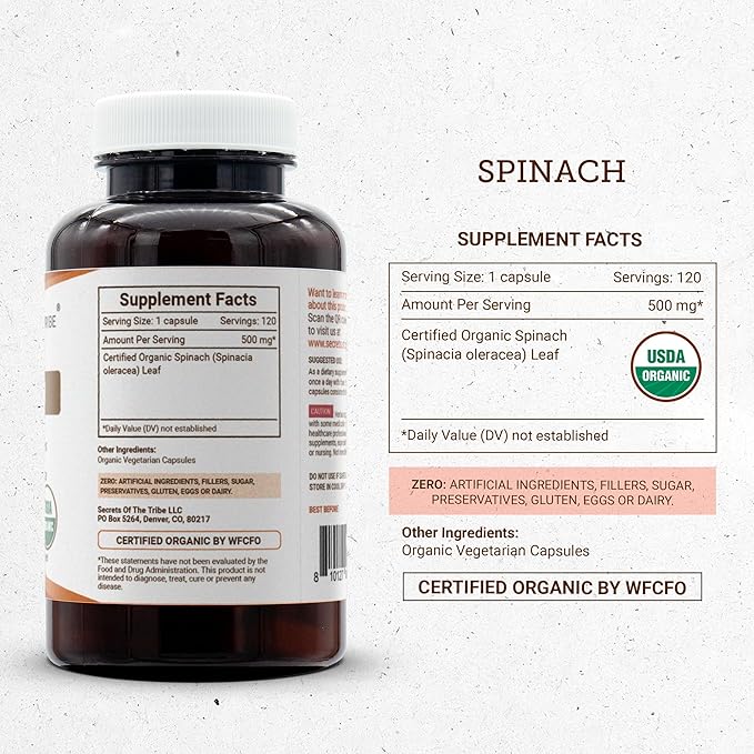 Secrets of the Tribe Spinach USDA Organic | Made with Vegetarian Capsules and Certified Organic Spinach (Spinacia oleracea) Dried Leaf (120 Capsules)