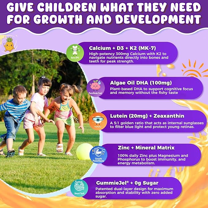 Sugar Free Kids Calcium Gummies (Ages 4-12) - 300mg Calcium Citrate w/Vitamin D3 K2 Magnesium - Algae DHA Lutein &amp Zeaxanthin for Strong Bones Eye &amp Brain Support - Gelatin Free - 60 Gummies