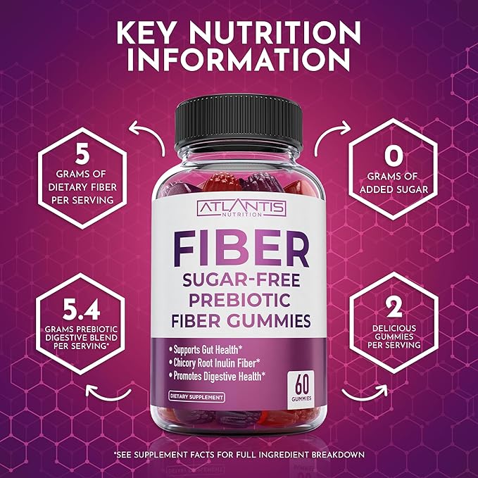 Atlantis Nutrition Sugar Free Fiber Gummies for Adults - 5G Fiber Supplement Formulated with 5.4G Prebiotic Digestive Blend/Serving - Supports Gut Health &amp Healthy Digestion - 2-Pack 120 Gummies