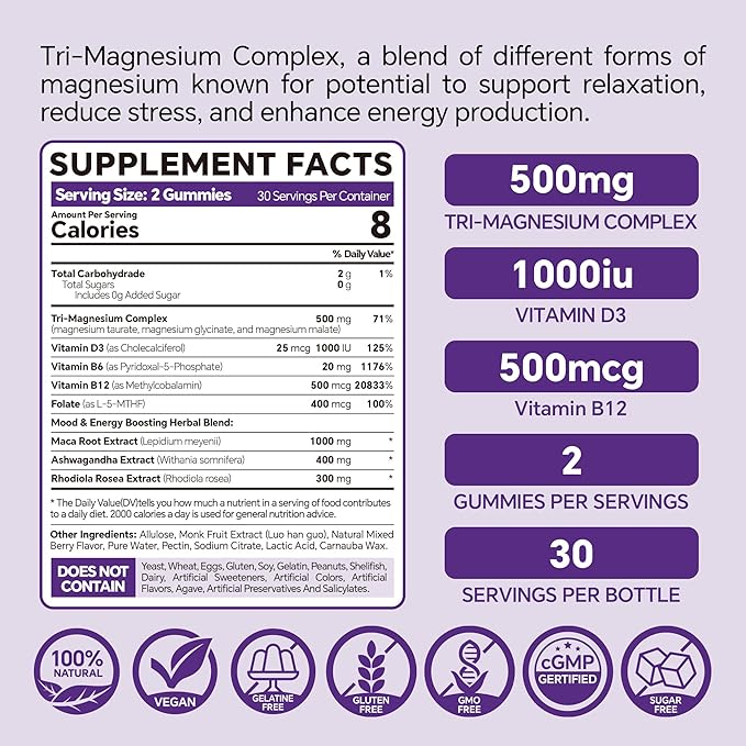 VEETAGYO Magnesium Gummies 500mg 400mg | High Absorption Bone Nerves Muscle | 3 Forms of Magnesium Complex Supplement GlycinateTaurateMalate | Adults - VeganSugar Free120Cts