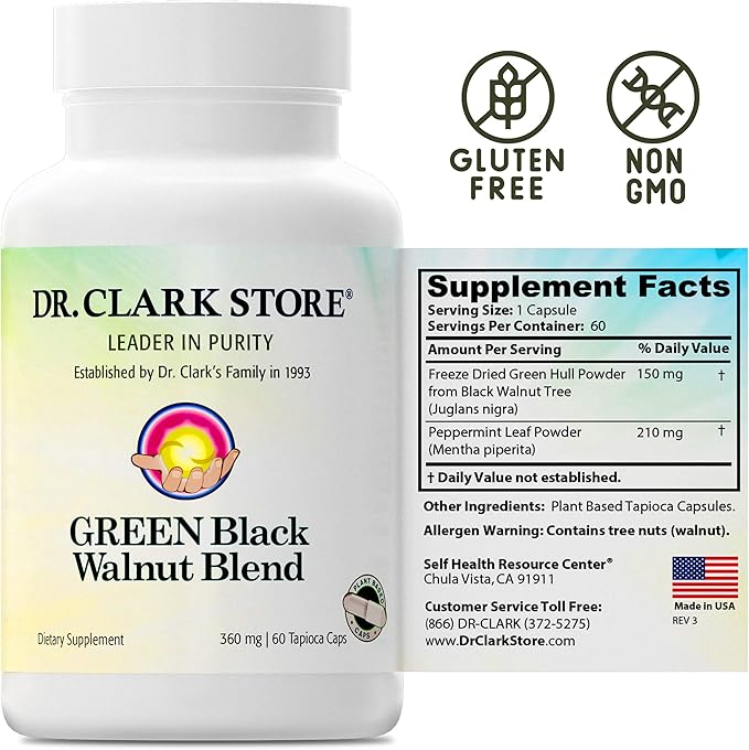 Dr. Clark Green Black Walnut Dietary Supplement 360mg 60 Tapioca Capsules