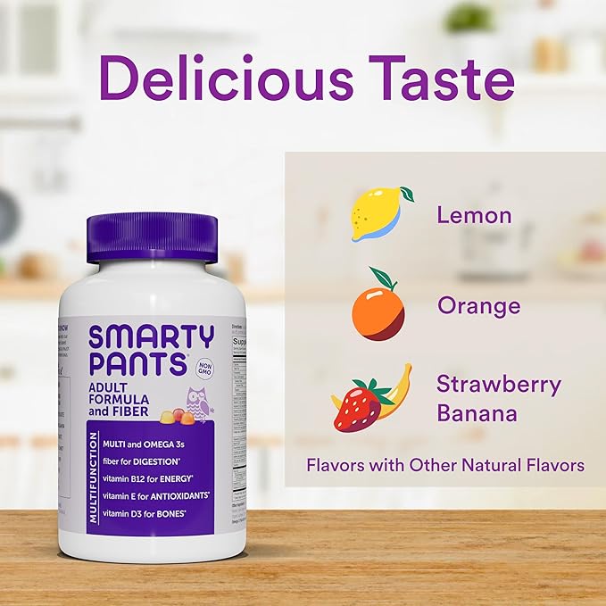 SmartyPants Fiber Supplement &amp Multivitamin for Men &amp Women: Multivitamin Fiber Gummies with Vitamin D3 C Vitamin B12 B6 A K &amp Zinc Omega 3 Fish Oil (EPA/DHA) Biotin 180 Count (30