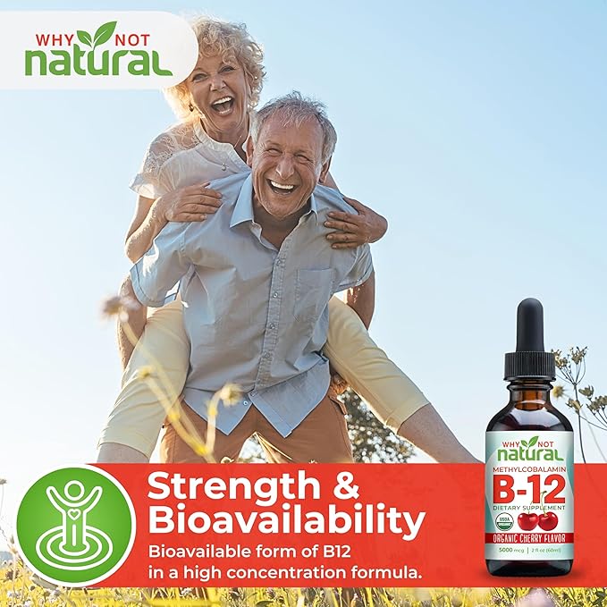 Why Not Natural Organic Vitamin B12 Liquid - Sublingual Extra Strength 60 x 5000 mcg Methylcobalamin Drops Vegan Maximize Absorption and Energy