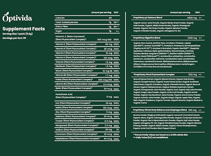OPTIVIDA Fruits &amp Veggie Mix Super Greens Powder Packets (30 Days)- 50+ Superfood Green Juice Powder &amp Greens Supplements W/Probiotic Antioxident Digestive Enzymes &amp Adaptagen Blends for