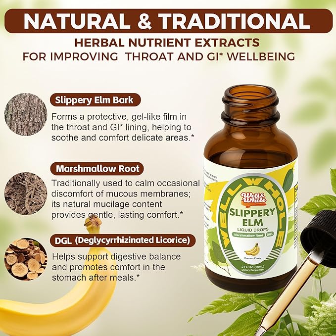 Slippery Elm Liquid Drops Marshmallow Root Slippery Elm Bark Tincture with DGL Licorice Extract Digestive Health Soothing Throat Support &amp Stomach Comfort Vegan 60ML