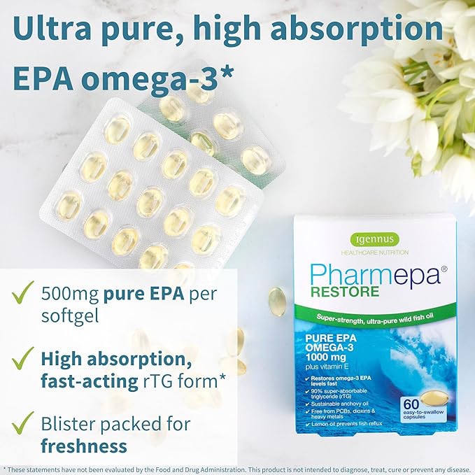 Igennus Pharmepa Restore Pure EPA 1000mg Omega 3 rTG Fish Oil IFOS Certified High Absorption 90% Concentration Triple Strength Wild &amp Sustainable Lemon Flavor 10-Month Supply Pack of 10