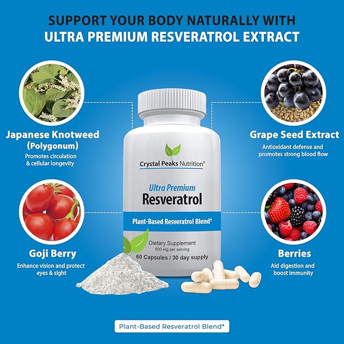 100% Natural Resveratrol Supplement - Trans-Resveratrol Supports Aging - Antioxidants Supplement Promotes Immune System &amp Joint Support (60 Capsules)