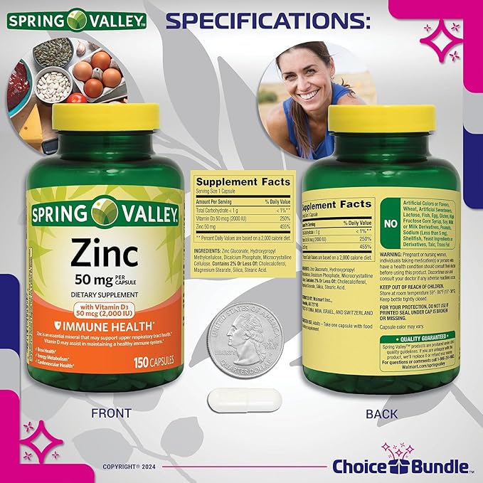 Spring Valley Zinc 50 mg with Vitamin D 50 mcg 150 Ct Immune Health Dietary Supplement Capsules 3 pk (450 Total) + Vitamin Vitality &amp Pill Container (5 Items)!