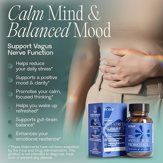 BIOMA Anti-Stress Probiotics – 3-in-1 Gut-Brain Axis Support for Stress Relief &amp Mood – Prebiotics Postbiotics &amp Clinically Studied Strains – Vagus Nerve Serotonin &amp Digestive Support –