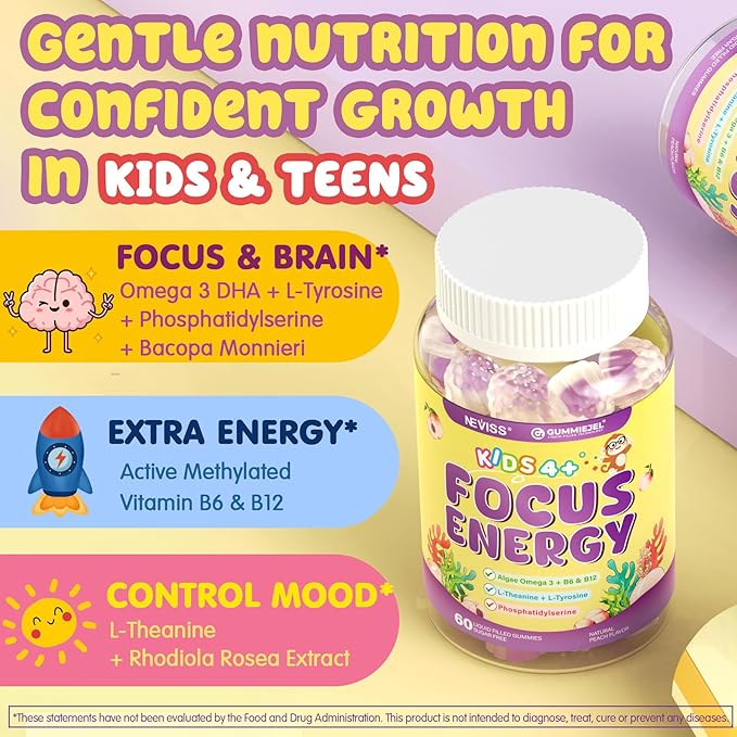 Kids Focus Gummies - Brain Supplements with Vegan Omega 3 DHA Phosphatidylserine L-Theanine L-Tyrosine Methylated B6 &amp B12 for Kids &amp Teen Support Attention Memory Nootropic Sugar Free