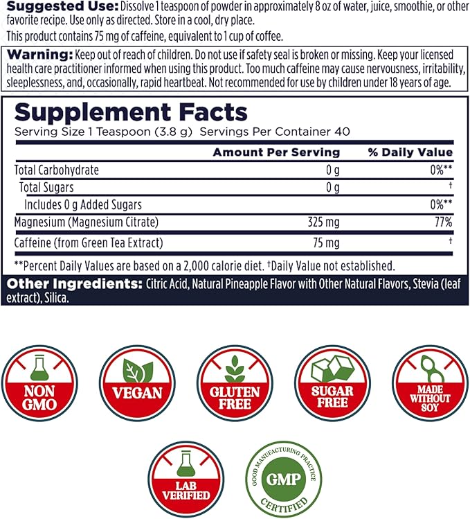 KAL Energy Magnesium Powder Drink Pineapple Flavor Magnesium Citrate Powder Energy Support with Green Tea Caffeine Sugar Free 40 Servings