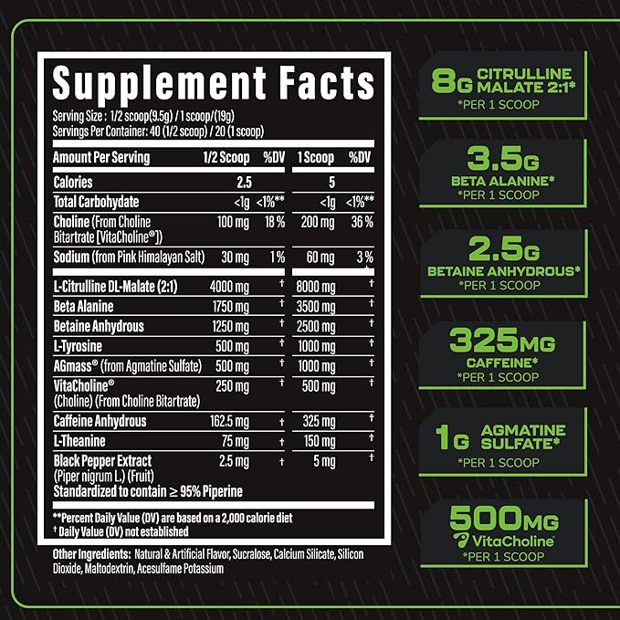 TC Nutrition Batch 27 Pre Workout Powder - 8g Citrulline 3.5g Beta Alanine 2.5g Betaine 325mg Caffeine | Instant Energy Focus Pumps &amp Strength | Nitric Oxide Booster 20 sv (Sour Gummy Bears)